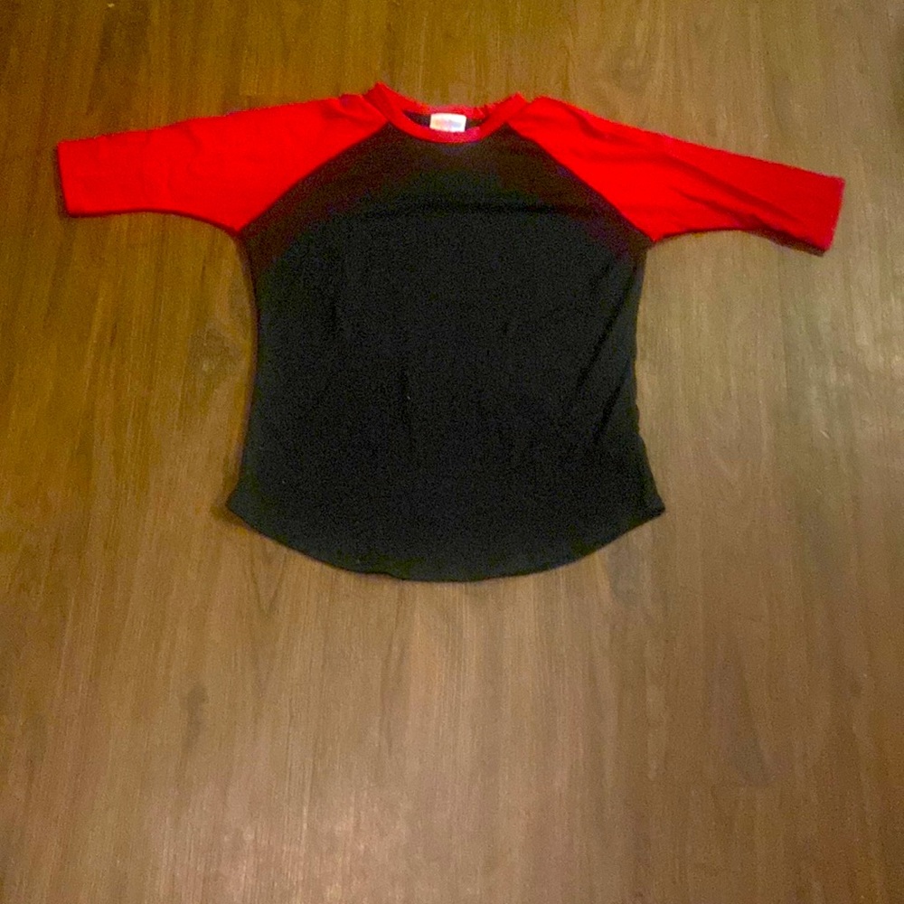 LulaRoe black shirt with red sleeves size 12